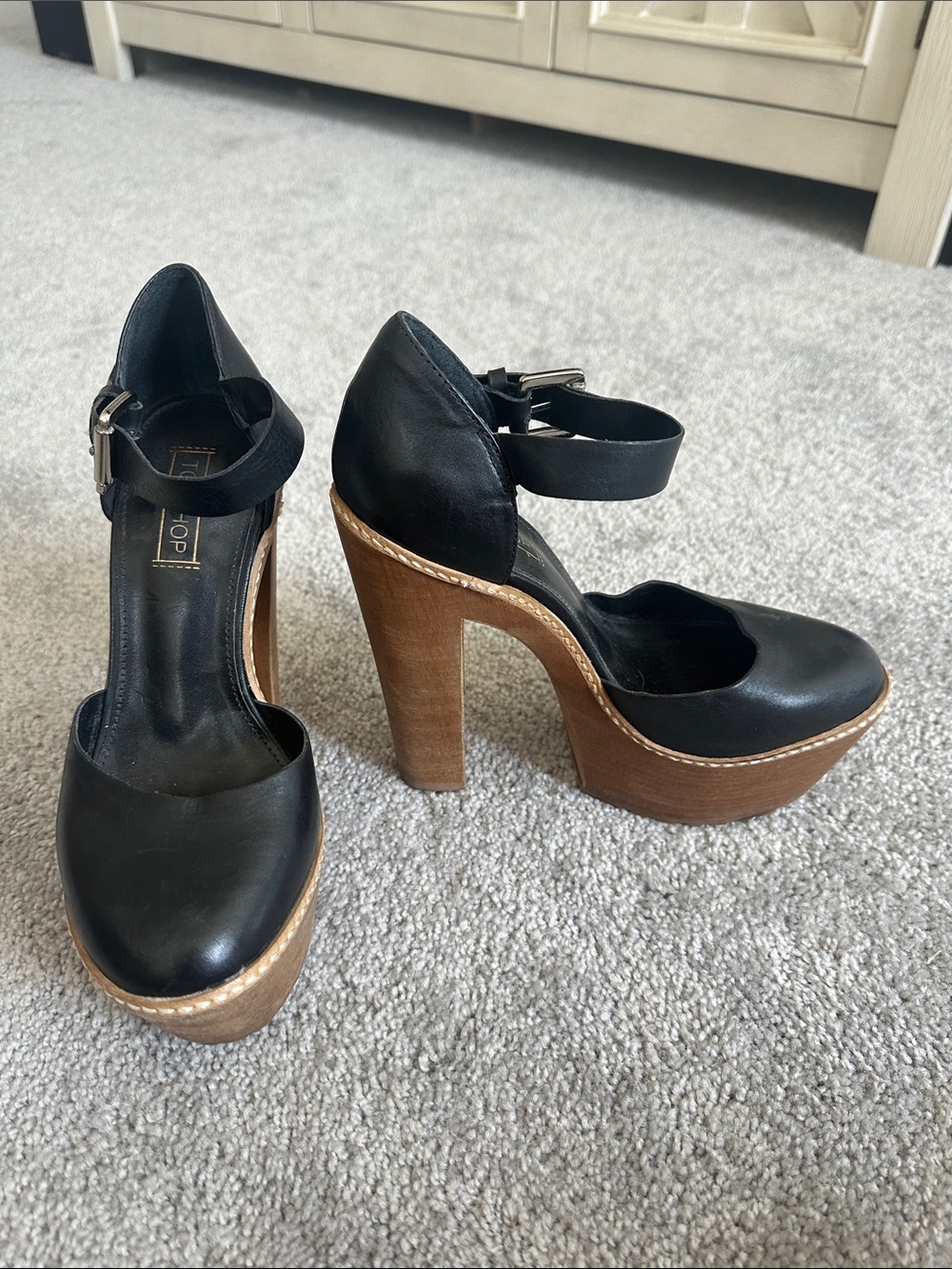 Top shop Black Leather Platform Ankle-Strap Heels